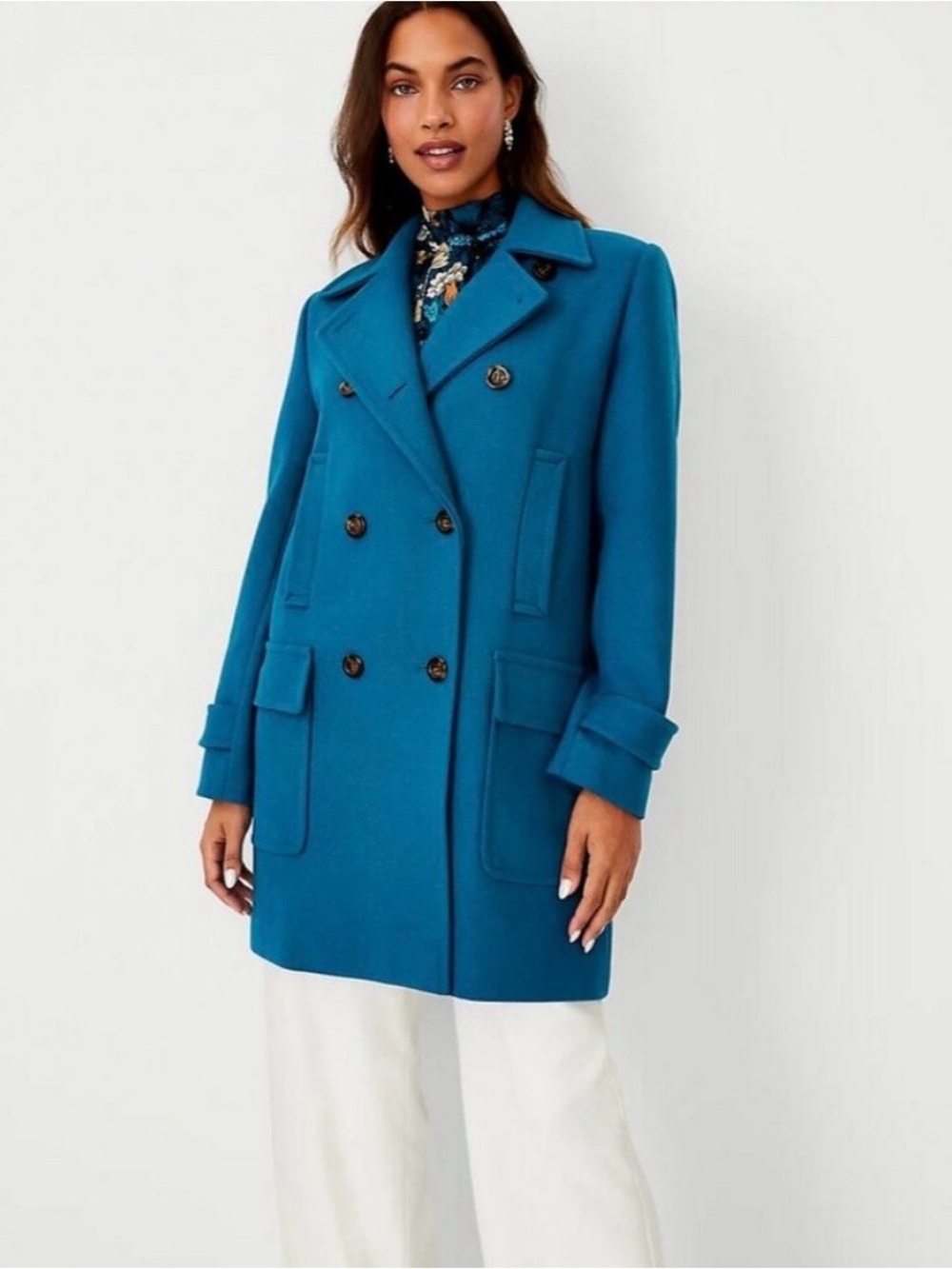 Ann Taylor Double-Breasted Teal Blue Pea Coat